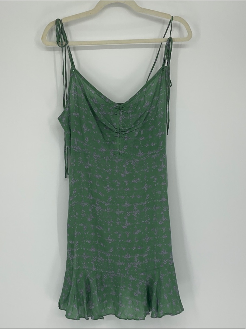 Free People Green Ditsy Floral Cowl Neck Tie Strap Ruffle Mini Dress Size L